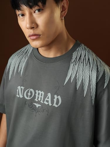 The Souled Store Nomad: Wings Men and Boys Short Sleeves Round Neck Grey Printed Casual Drop Shoulder Streetwear Trendy Super Oversized T-Shirt