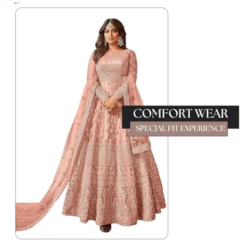 Divine International Trading Co Women's Net With Heavy Embroidery Work Long Anarkali Gown Salwar Suit Dupatta (Unstitched_SanjanaO-8396-Peach)