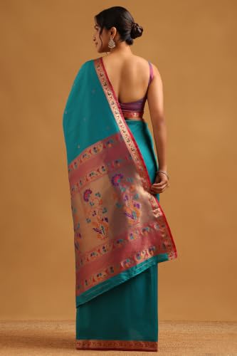 Soch Womens Turquoise Blue Silk Blend Ethnic Motifs Zari Woven Saree