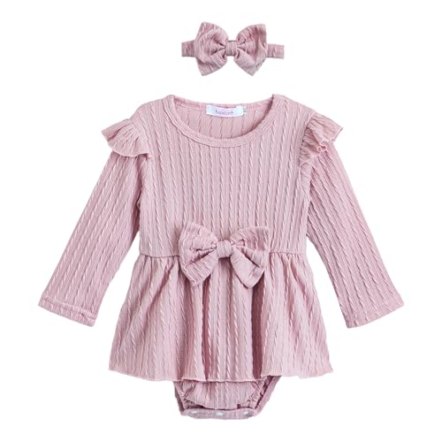 Hopscotch Girls Full Sleeves Pink Bow Applique Bodysuit For Ages (6-9 Months)
