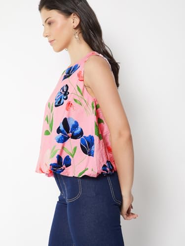 Max Women Floral Print Bubble Hem Top (Pink_M)