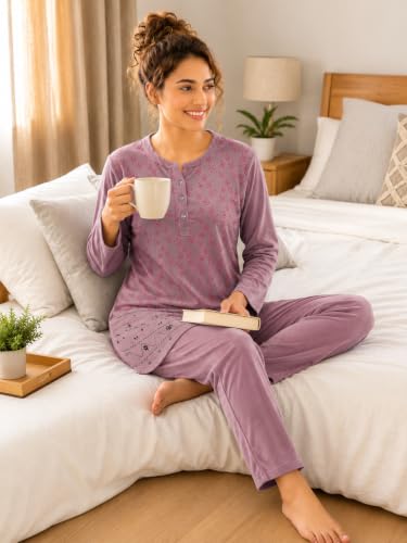 Duchess Women's Supersoft Velvet Printed Nightsuit for Winter wear