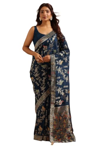 Soch Womens Navy Blue Crepe Bird Motifs Zari Woven Saree