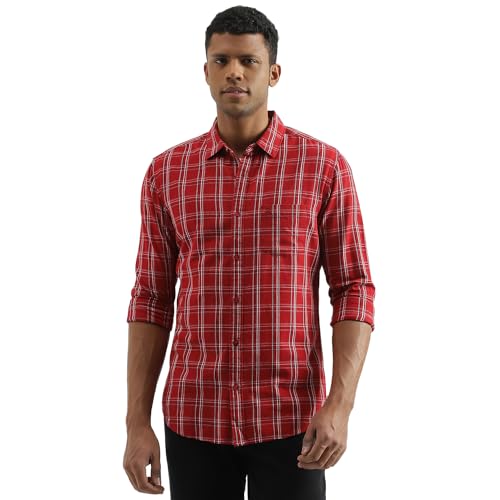 UNITED COLORS OF BENETTON Slim Fit Spread Collar Checked Shirt (Size: L)-23A5FB05U008I901 Red