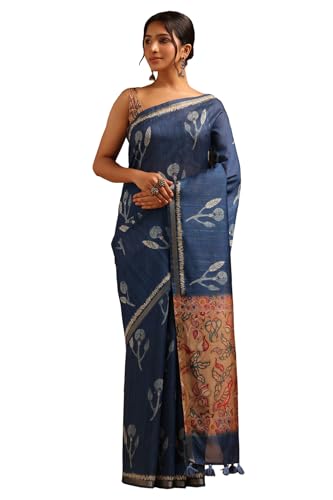 Soch Womens Navy Blue Tussar Botanical Saree