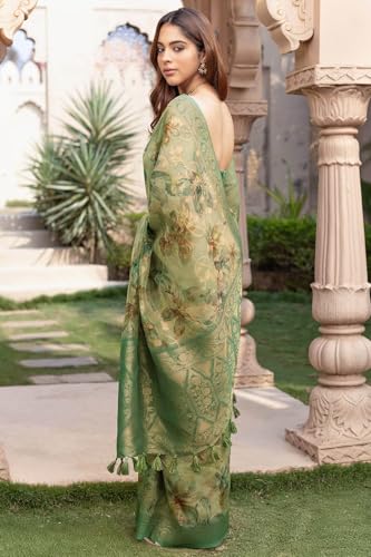 Soch Womens Light Green Chanderi Floral Print Saree