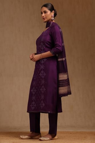 Soch Womens Purple Dola Silk Embroidered Suit Set With Thread Work