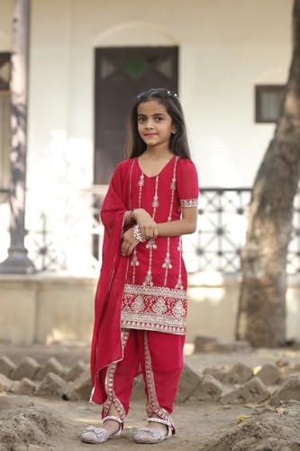 DIGILINE Girls Maroon Georgette Embriodered U Neck Short Sleeve Kurti Dhoti Pants Set With Dupatta | Traditional Stylish Straight Kurti Dhoti Pants Suits Set for Girls