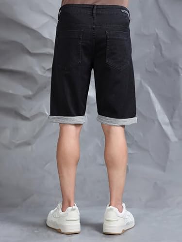 BEEVEE Men’s Cotton Black Text Printed Casual Shorts | 100% Yarn Dyed Structured Fabric, Mid Rise, Knee Length with Button Closure