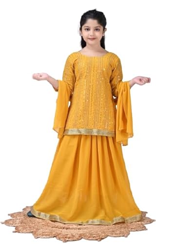SPAMitude - Georgette Sequin Lehenga Kurta, Skirt and Dupatta Set for Girls – Ethnic Party Dress I Birthday Dress I Trendy Classic I Round Neck Full Sleeves (Yellow, 4 to 5 Years)