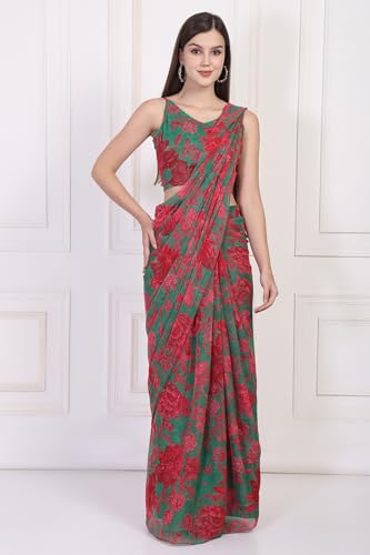W for Woman Green Floral Printed Pre-Draped Georgette Saree with Blouse - (WS13897-127595-XL)