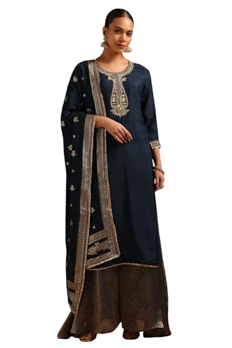 Soch Womens Navy Blue Dola Silk Embroidered Salwar Suit With Zari