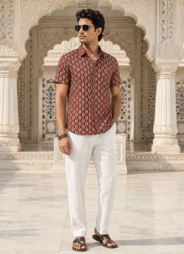 Majestic Man Men's Printed Pure Cotton Casual Shirt | Half Sleeve | Slim Fit | Collared Neck | Sanganeri/Jaipuri/Prints (in, Alpha, 2XL, Plus, Bright Rust)