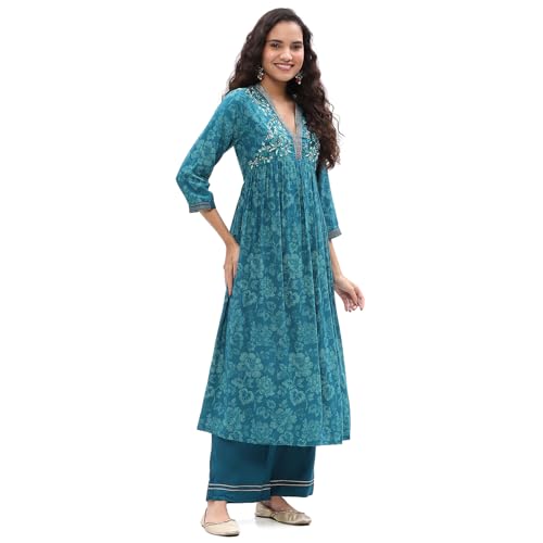 BIBA Women's Rayon Kurta Sets (SKDASRT10215AW24TEL_Teal Blue