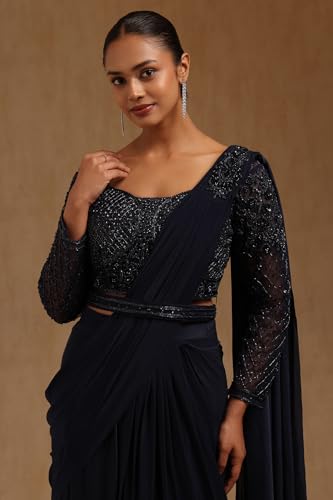 Soch Womens Navy Blue Spandex Solid Ready To Wear Saree