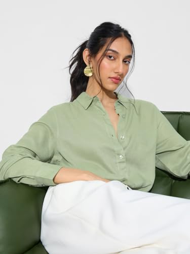 The Souled Store Lyocell Linen: Woodland Women and Girls Long Sleeve Collared Neck Solid Lyocell Linen Blend Regular Fit Button Front Shirt