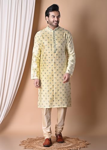 sajindia Men’s Traditional Kurta | Elegant Ethnic Wear for Men | Comfortable Fabric | Festivals, Weddings & Celebrations | Style 134 Yellow