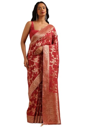Soch Womens Onion Pink Crepe Botanical Zari Woven Saree