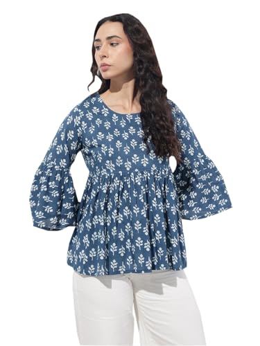 Divena Blue Floral Round Neck Peplum Top