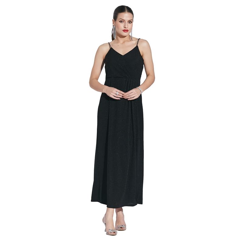 Latin Quarters Women Black V-Neck Sleeveless Solid Dress_S