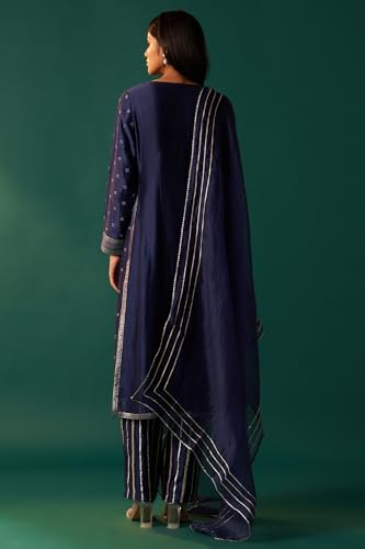 Wishful Women's Blue Heavy Embroidered Straight Festive Tissue Kurta with Culotte and Dupatta Set (SP12856-401190-2XL)