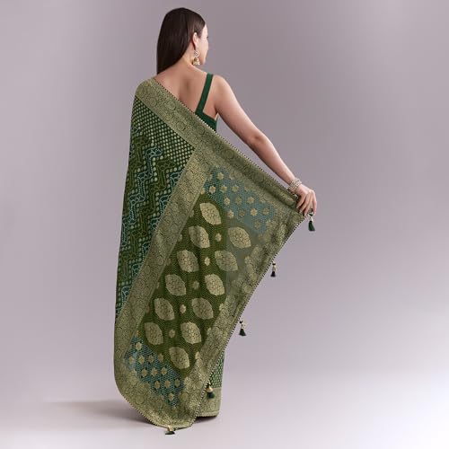KALKI Fashion Green Georgette Bandhani Saree With Butti And Floral Border Georgette sarees for women | Traditional Ethnic Wear |Fashion Wear| Wedding Collection | Festive Saree