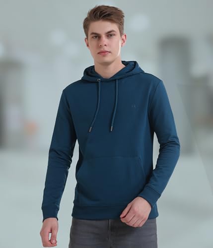 TURMS Men's Hooded Sweatshirts, Odor Control, Cotton Blend Casual Travel Edition Sweatshirts, Winter Wear Pullover Teal Blue