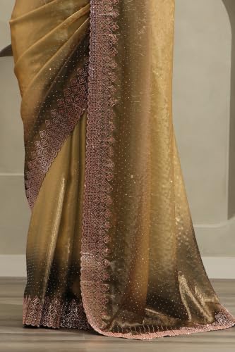 Soch Womens Olive Fendy Organza Ombre Stone Embellished Saree