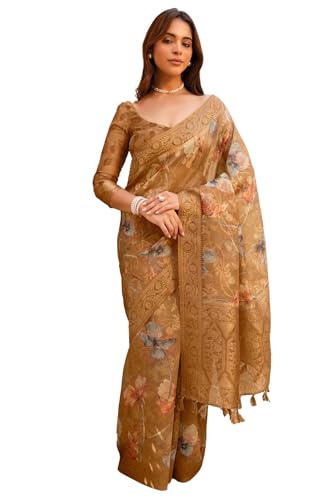 Soch Womens Brown Chanderi Floral Print Saree With Zari Woven
