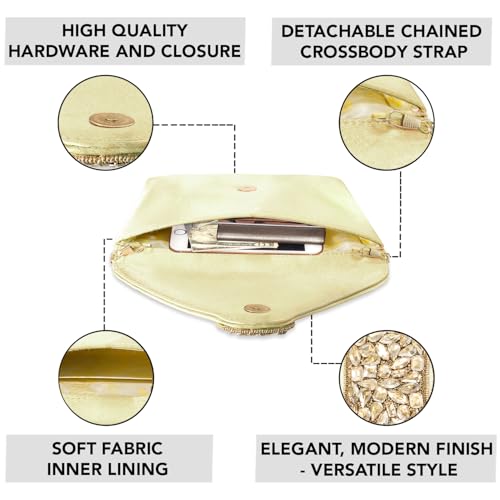 Peora Clutch Women's Purse Bridal Bag For Casual Detachable Strap Evening Sling Bag (Golden)
