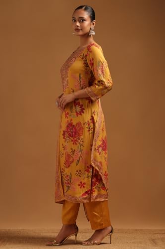 Soch Womens Mustard Muslin Floral Suit Set With Bead Details