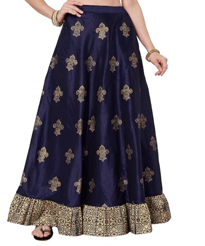 studio rasa Women's Dupion Block Printed Ruffle Bias Skirt for Wedding Festive Party(SKTC62507XL_Navyblue_X-Large)