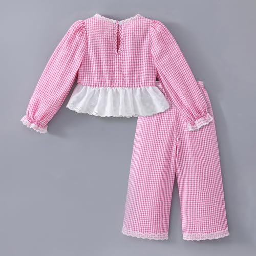 Hopscotch Girls Full Sleeves Pink 2-Pc Checkered Bow Applique Pants Set (4-5 Years)
