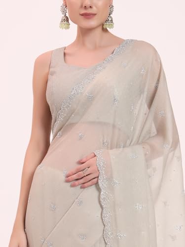 FIORRA Women's Light Grey Organza Crushed Siroski Work Embellished Border Saree With Unstitched Blouse