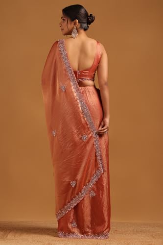 Soch Womens Rust Organza Floral Saree With Beaded