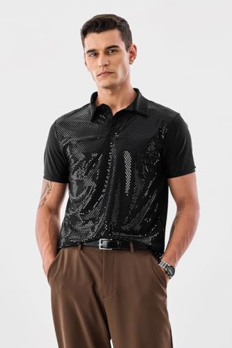 SNITCH Men's Polo T-Shirt | Metallic Dotted Design with Buttoned Closure | Nylon Blend Fabric for Comfort & Stretch | Breathable & Stylish Casual Wear | Black