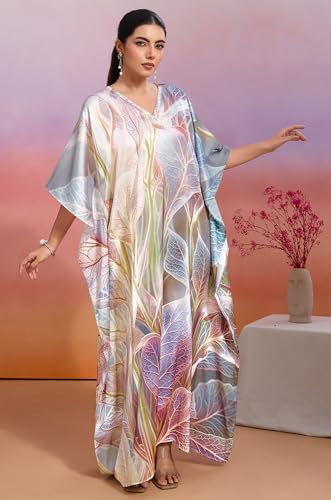 Label Aarna Premium Soft Satin Kaftan Dress for Women/Digital Print/Free Size (M-3XL) / Hidden Adjustable Belt Long Maxi Multicolour