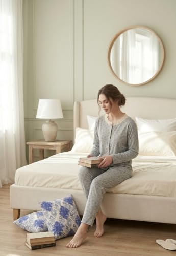 NoHook Korean Style Chest Padded Cotton Nightsuit for Women | Grey Floral Print Full Sleeve Nightwear Set | Soft Breathable Cotton Pajama Set with in-Built Bra Pads, S