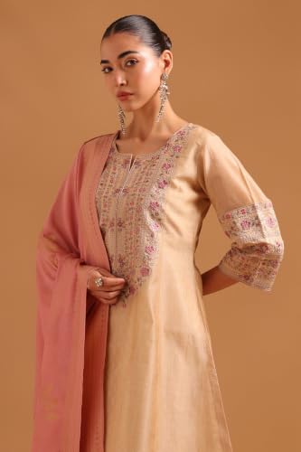 Soch Womens Beige Tissue Floral Printed Embroidered Woven Beads And Stones Salwar Suit