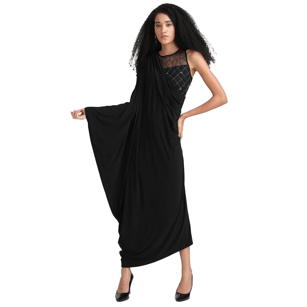 Kazo Embellished Polyester Blend Round Neck Women's Maxi Dress (Black,Medium)