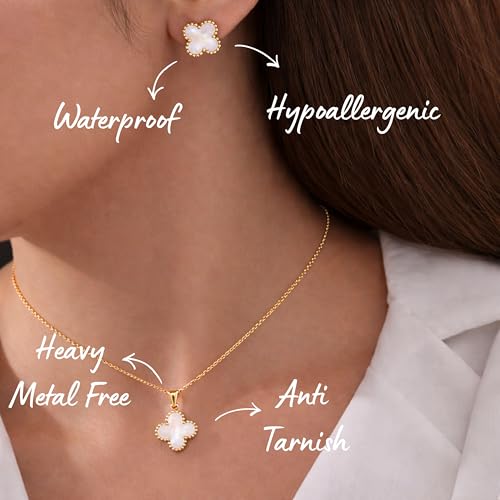 Clover Anti Tarnish Necklace Set | Clover Necklace and Earrings Jewellery Set for Women | Waterproof and hypoallergenic | Stylish Minimal Jewelry Sets | Modern Design Aesthetic Accessories | Ideal for Occasional Gifting | Comes in a gift box (Pearl White)