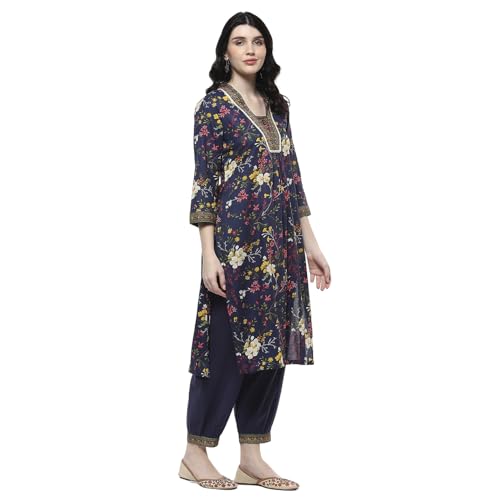 Rangriti Women Navy Cotton Straight Kurta Set_36