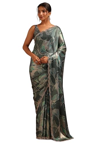 Soch Womens Teal Satin Botanical Saree With Stone Work