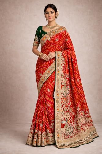Traditional Rajasthani Saree, Silk Blend, Multicolor, Jacquard Weave, Zari Embroidery, with Blouse Piece, 550 cm