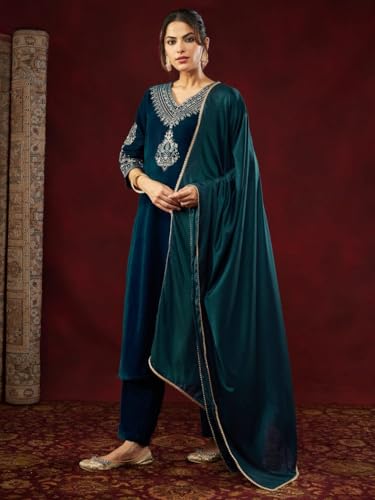 VARNI FABRICS: A lady's First Love Women's Teal Velvet Embroidered Salwar Suit With Chinon Dupatta, Festive Ethnic Wear (IN, Alpha, M, Regular)