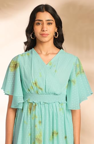 Janasya Women's Sea Green Dobby Georgette Tie-Dye Fit & Flare Dress(JNE4389-DR-XS)