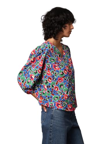 ONLY Women Floral Print Polyester Blend Blue Casual Top