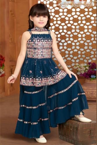 DIGILINE Royal Blue Georgette Embroidered Square Neck Sleeveless Kurti Sharara Set With Dupatta | Traditional Anarkali Style Kurti Sharara Suits Set for Girls (IN, Age, 14 Years, 15 Years, Regular)