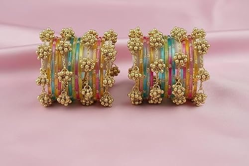 BANGLESKART 16pc Multi Color Glass Bangles Set Viral Kashmiri Ghungroo Chuda with Heavy Gold Guchha Charms Traditional Jewelry for Women Multicolor