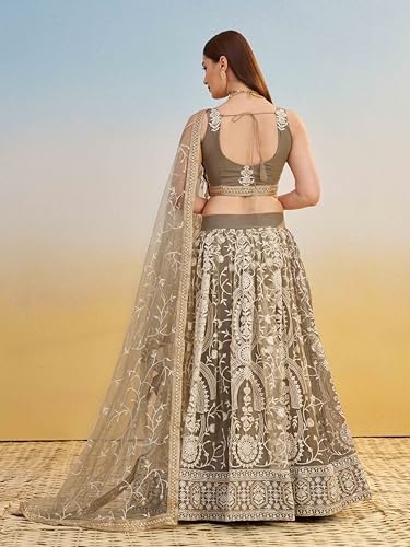 Zeel Clothing Women's Cotton Thread Sequins Work Embroidery Soft Net Lehenga Choli With Dupatta (NFH-2144-Ivory-Women-Lehenga-Choli-New; Free size) (Ivory)